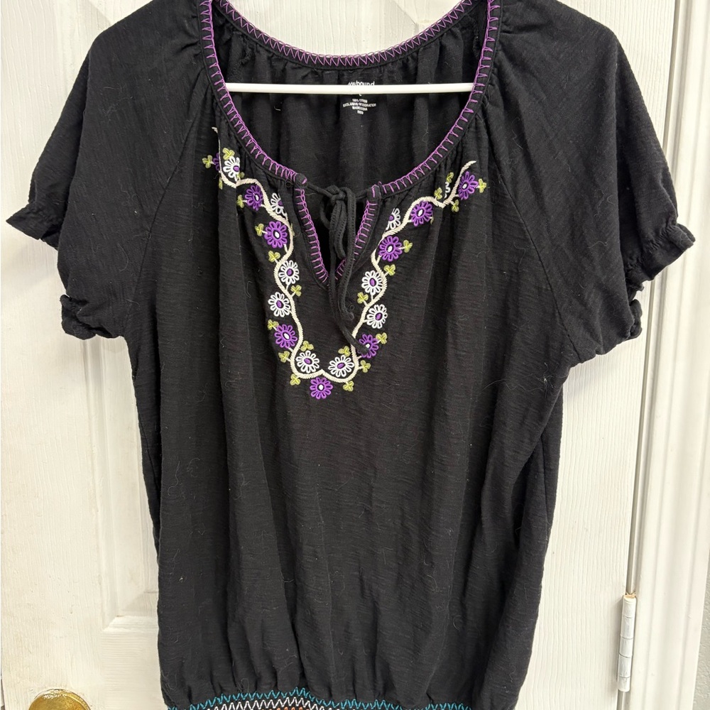 Westbound Black Blouse with Purple and White Embroidery